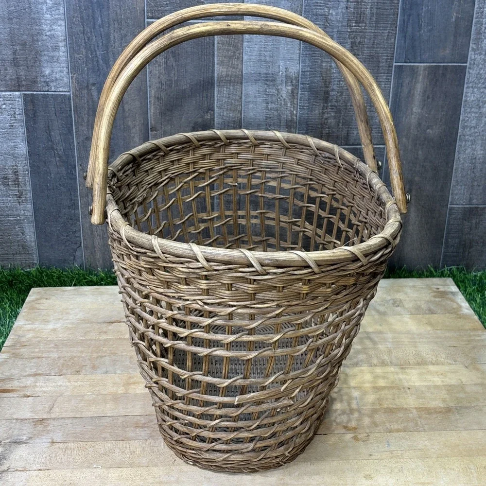 Vintage Wicker Market Basket Double Handles Rustic Farmhouse Decor Large
